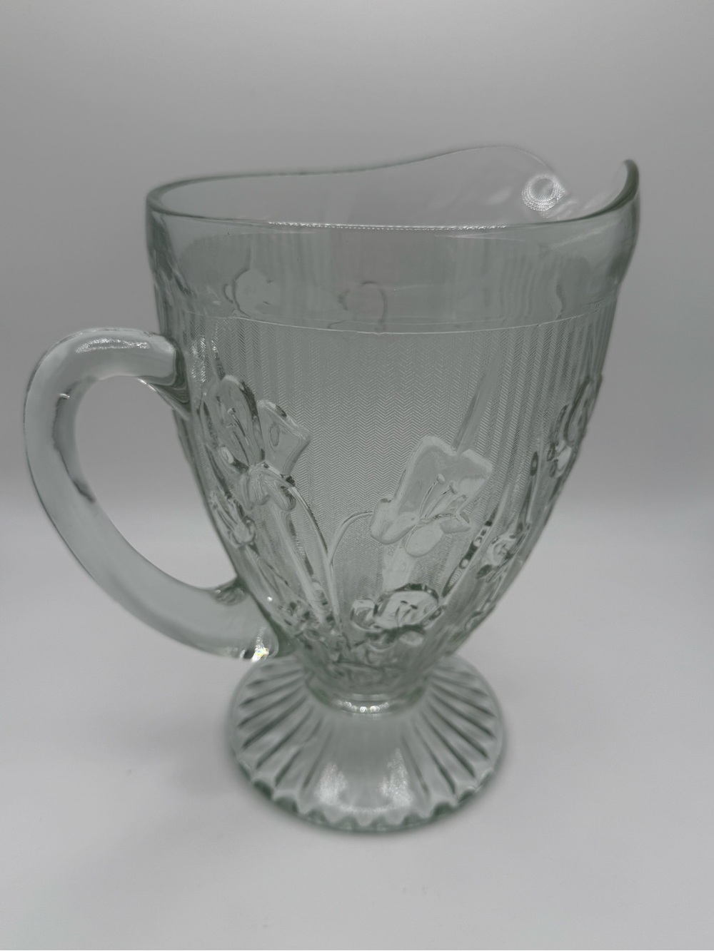 1928-1932 Vintage Iris & Herringbone Clear Etched Floral Glass Pitcher